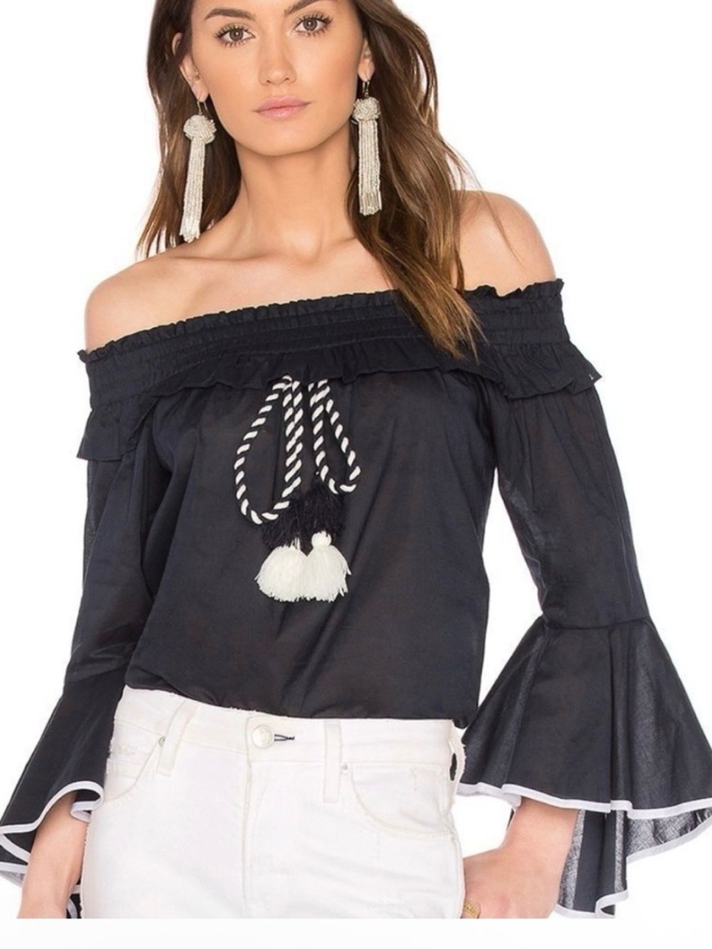 Misa Los Angeles Blue Off-Shoulder Bell-Sleeve Top with Tassel Tie SZ S